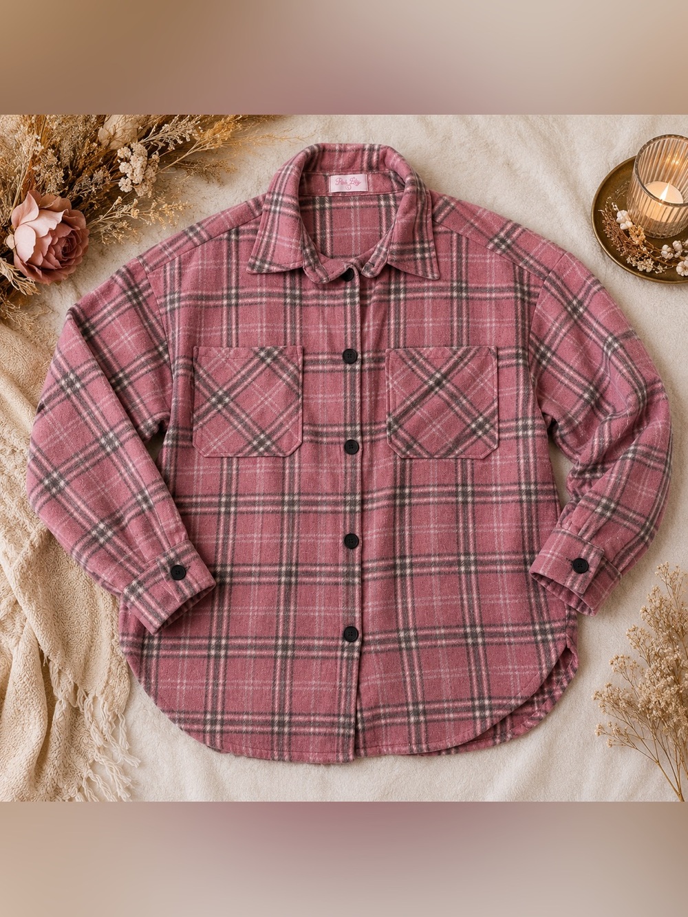 Pink Lily Pink Plaid Button Front Shacket Shirt Jacket Size Large Soft Flannel